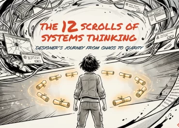 Cover of "The 12 Scrolls of Systems Thinking," a comic-style guide for a designer's journey from chaos to clarity.