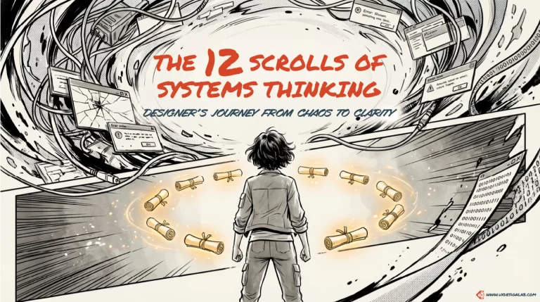 Cover of "The 12 Scrolls of Systems Thinking," a comic-style guide for a designer's journey from chaos to clarity.