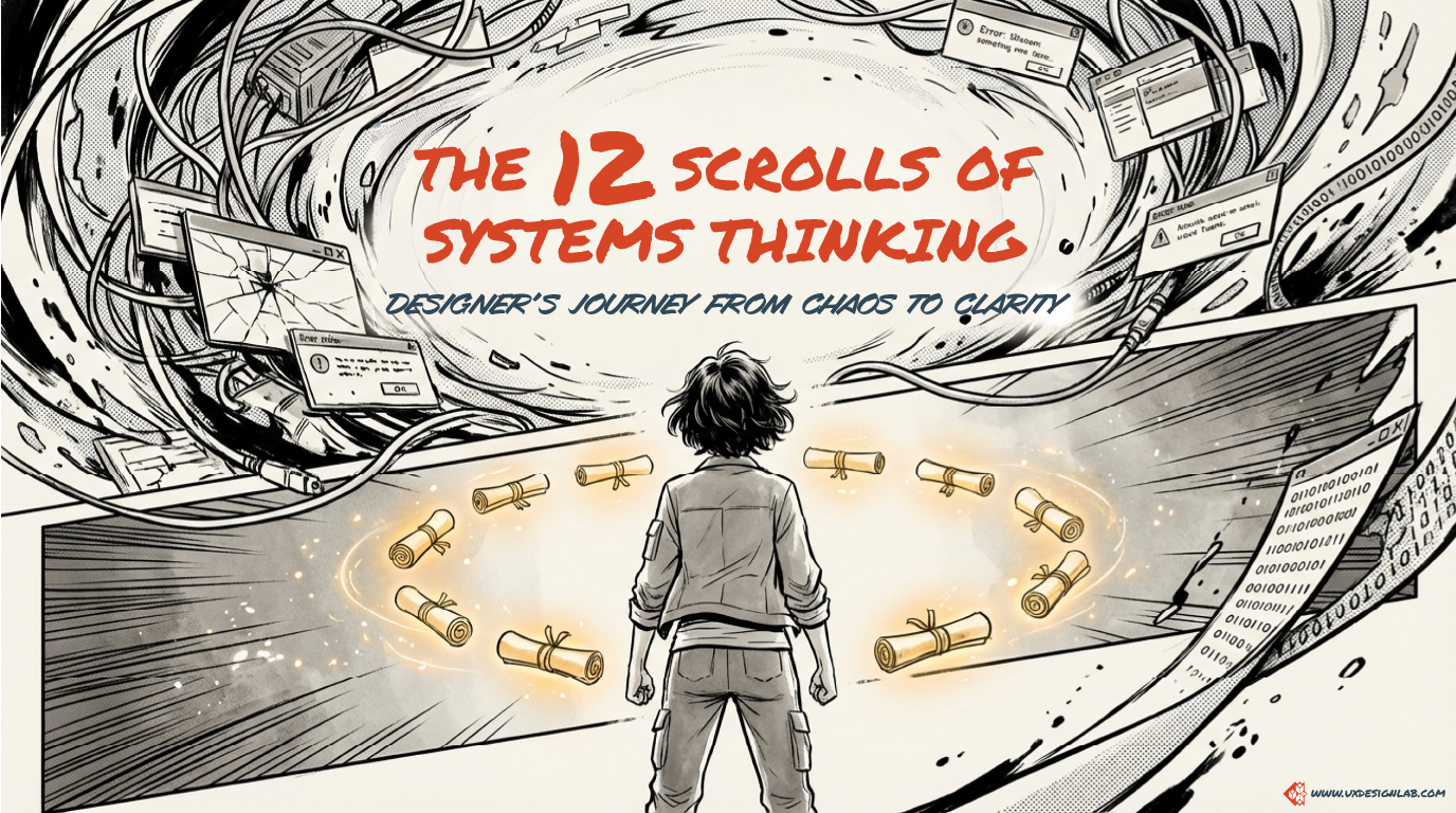 Cover of "The 12 Scrolls of Systems Thinking," a comic-style guide for a designer's journey from chaos to clarity.