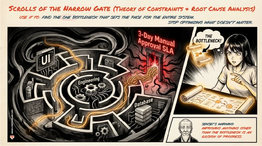 Scrolls of the Narrow Gate: A maze diagram showing a bottleneck at a "3-Day Manual Approval SLA" between Engineering and Database. Sensei’s warning: Improving anything other than the bottleneck is an illusion of progress.