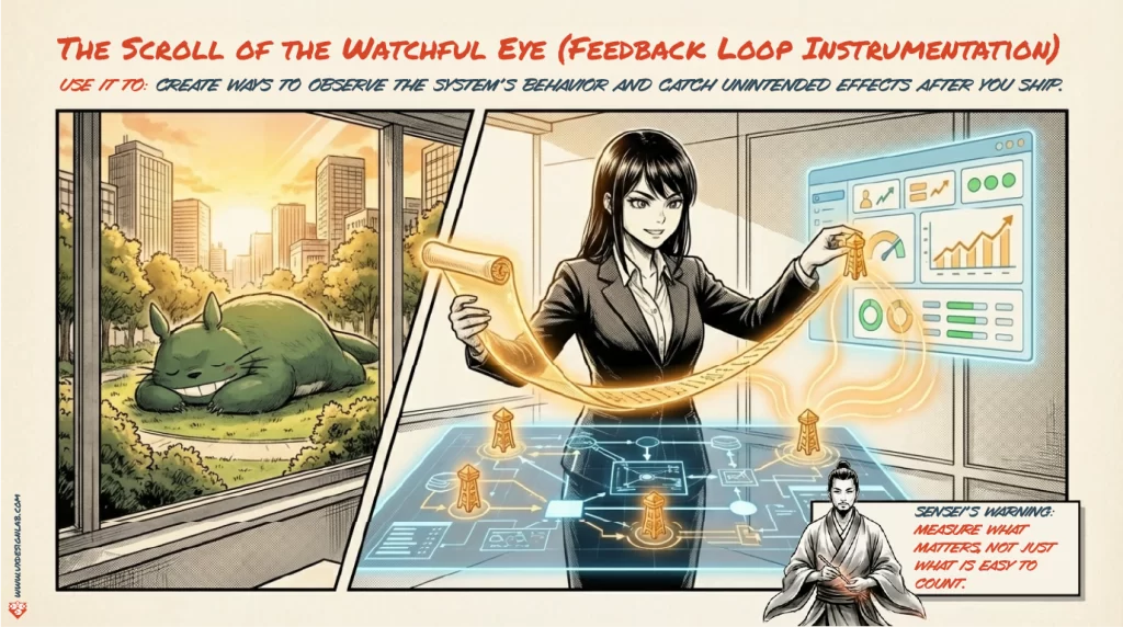 The Scroll of the Watchful Eye: A dashboard interface for monitoring system behavior and feedback loops. Sensei’s warning: Measure what matters, not just what is easy to count.