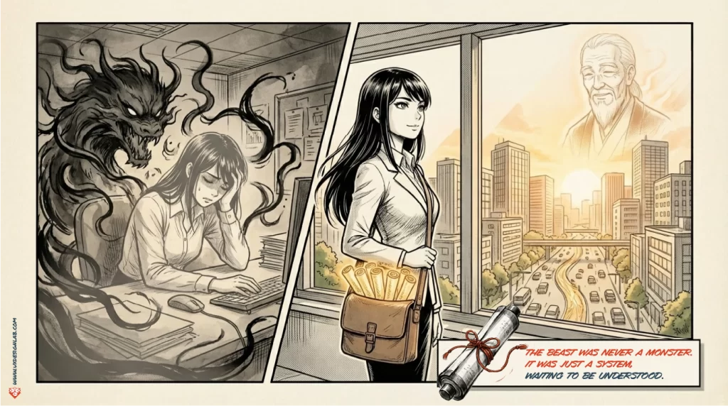 A designer standing at a window overlooking a sunrise, carrying a bag of scrolls. Text: The beast was never a monster. It was just a system, waiting to be understood.