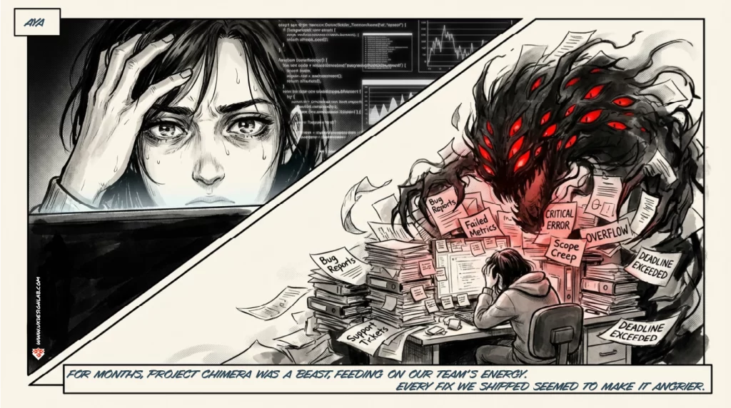 A stressed designer overwhelmed by "Project Chimera," a shadow monster made of bug reports, failed metrics, and scope creep.