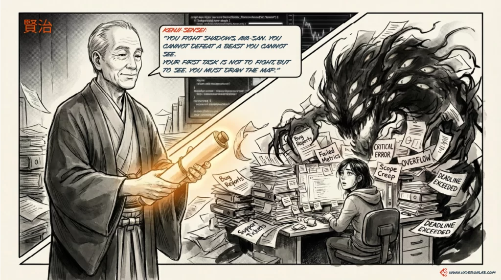 Kenji-Sensei holding a glowing scroll while speaking to a stressed designer. A shadow monster made of bugs and errors looms in the background. Text: "You cannot defeat a beast you cannot see. You must draw the map."