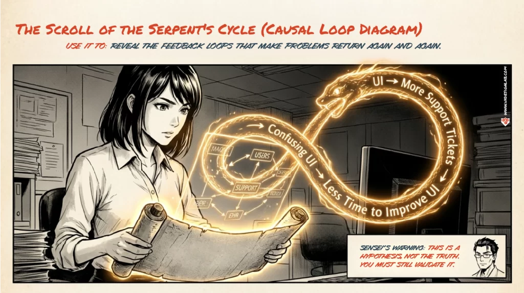 The Scroll of the Serpent's Cycle: A causal loop diagram showing a feedback loop where confusing UI leads to support tickets and less time for UI improvements. Sensei’s warning: This is a hypothesis, not the truth. Validate it.