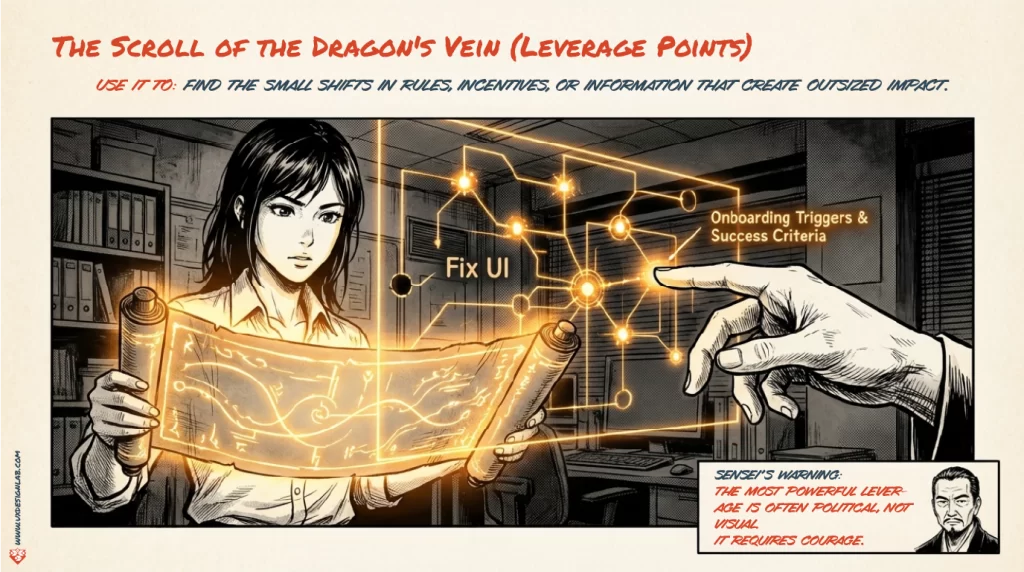 The Scroll of the Dragon's Vein: A leverage point map identifying critical nodes like "Fix UI" and "Success Criteria." Sensei’s warning: The most powerful leverage is often political, not visual.