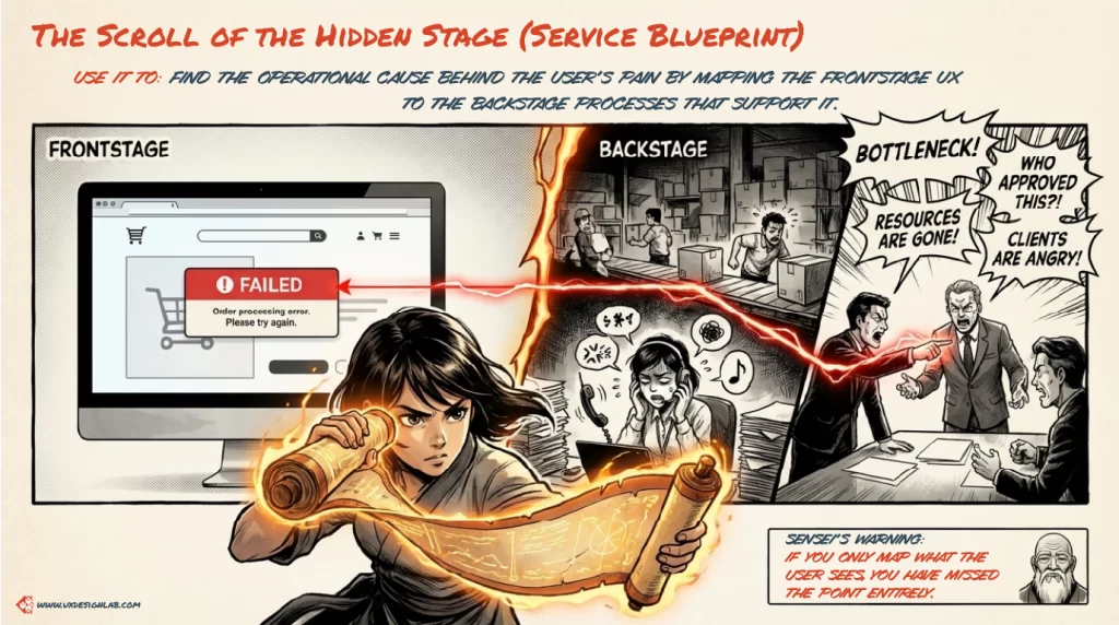 The Scroll of the Hidden Stage: A service blueprint mapping frontstage UI errors to backstage resource gaps and bottlenecks. Sensei’s warning: If you only map what the user sees, you have missed the point entirely.